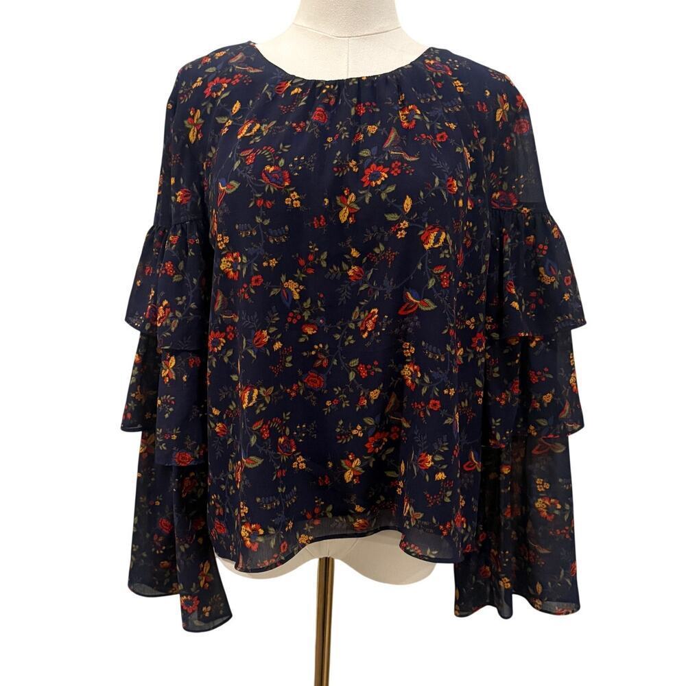 Madewell Floral Ruffle Bell Sleeve Blue Boho Blouse XL Cottagecore Romantic Work